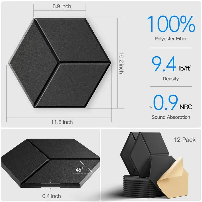 Pack de 12 Panneaux Acoustiques Hexagonaux – Design Y-Lined & Auto-adhésifs