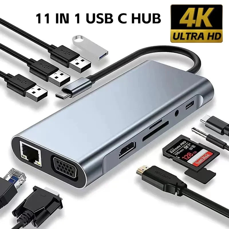 Hub USB-C Multifonction 11-en-1 – Adaptateur 4K HDMI, Ethernet & Charge Rapide PD
